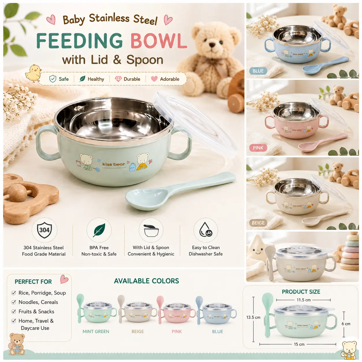 ChatGPT Image Aug 6, 2026, 06_58_59 PM Baby Stainless Steel Feeding Bowl with Lid & Spoon - Image 1